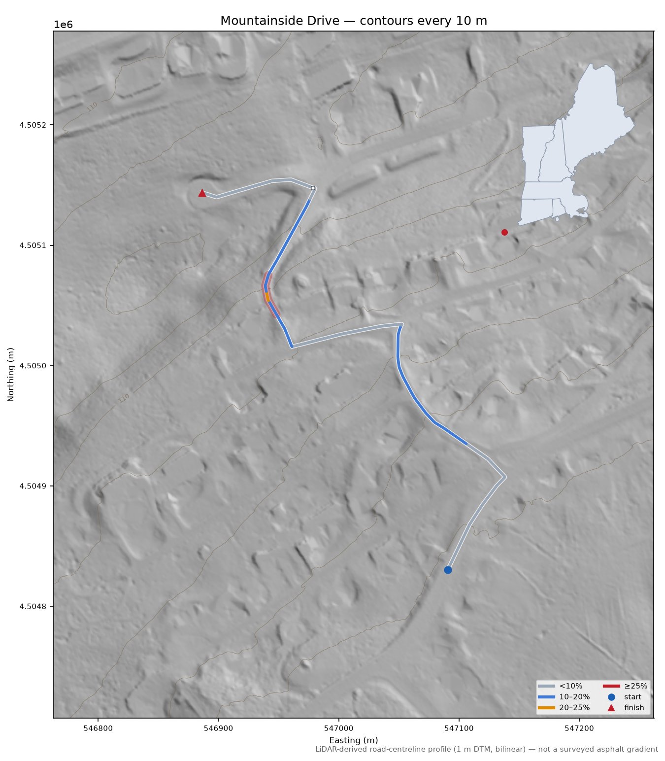 Mountainside Drive LiDAR hillshade map with contours