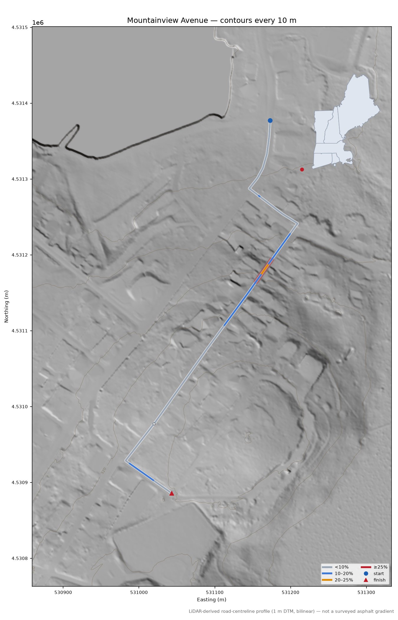 Mountainview Avenue LiDAR hillshade map with contours