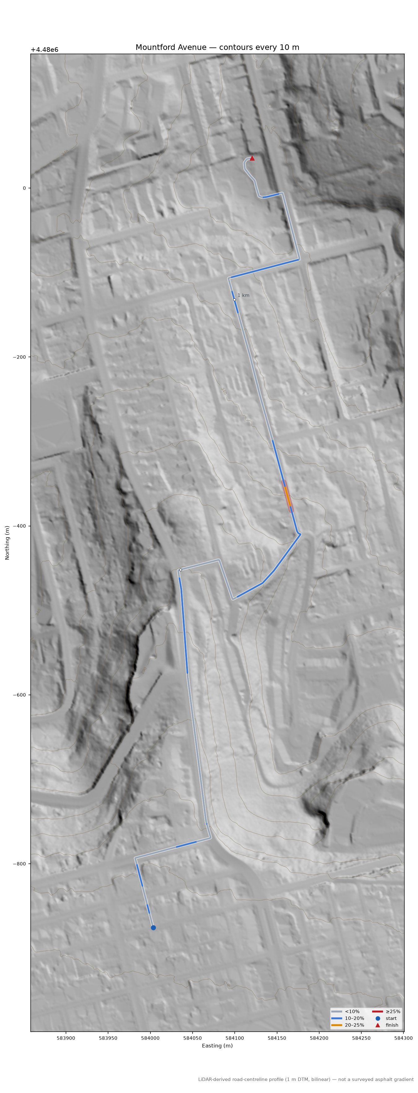 Mountford Avenue LiDAR hillshade map with contours