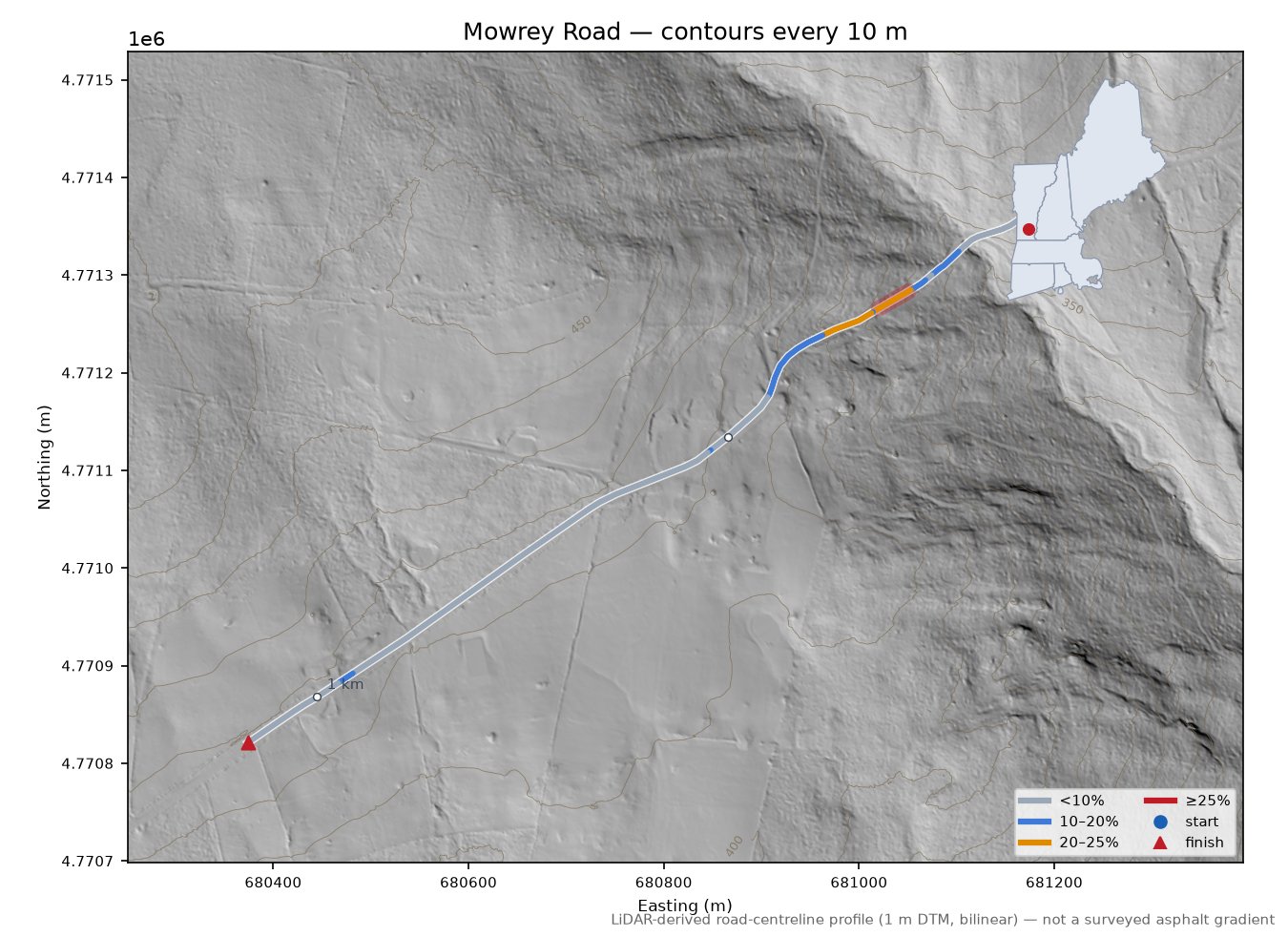 Mowrey Road LiDAR hillshade map with contours