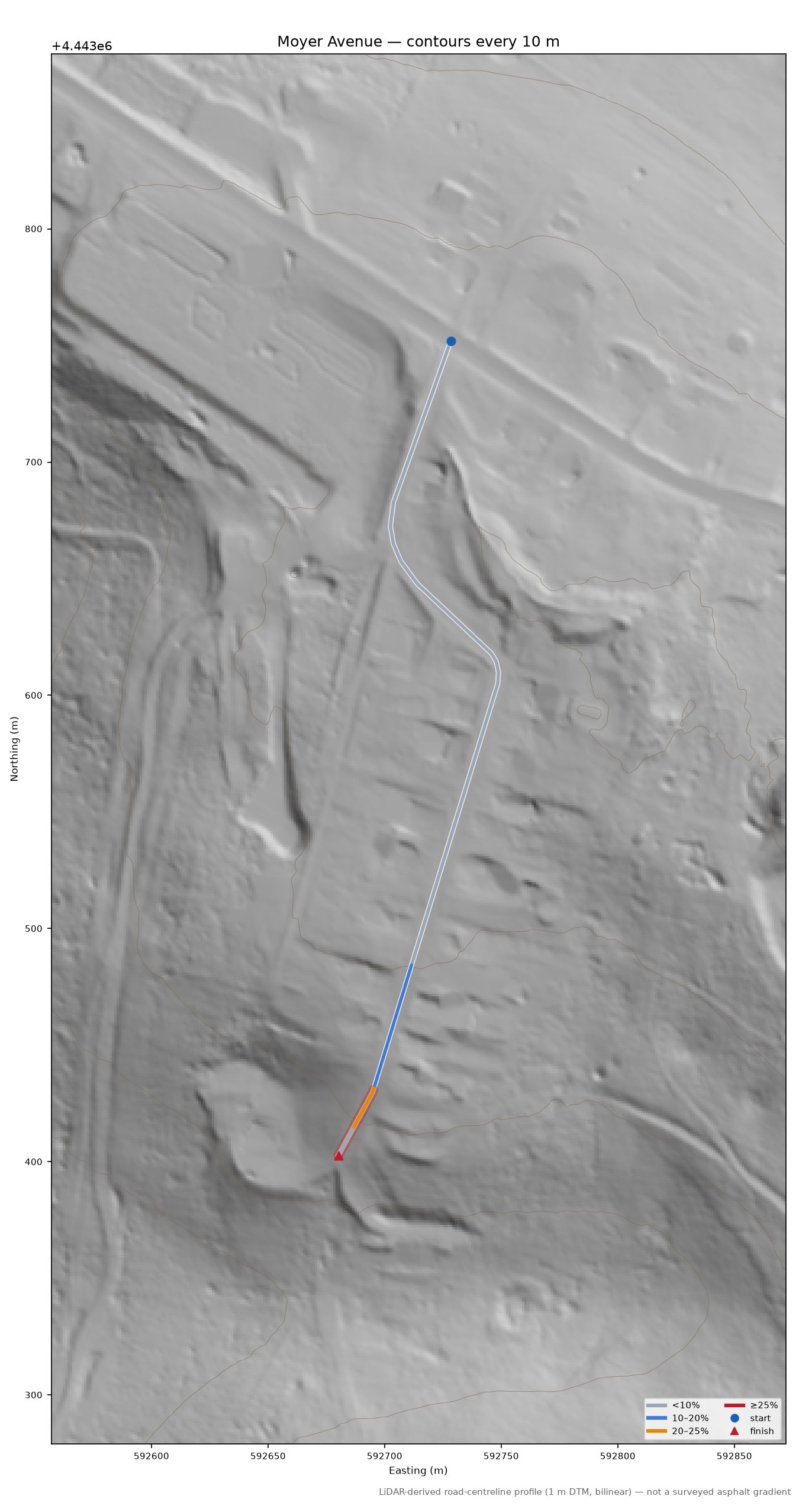 Moyer Avenue LiDAR hillshade map with contours
