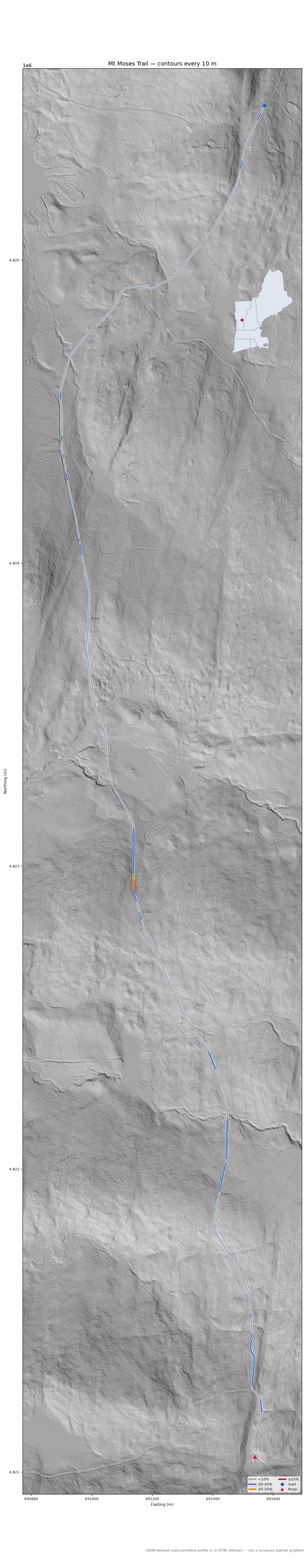 Mt Moses Trail LiDAR hillshade map with contours
