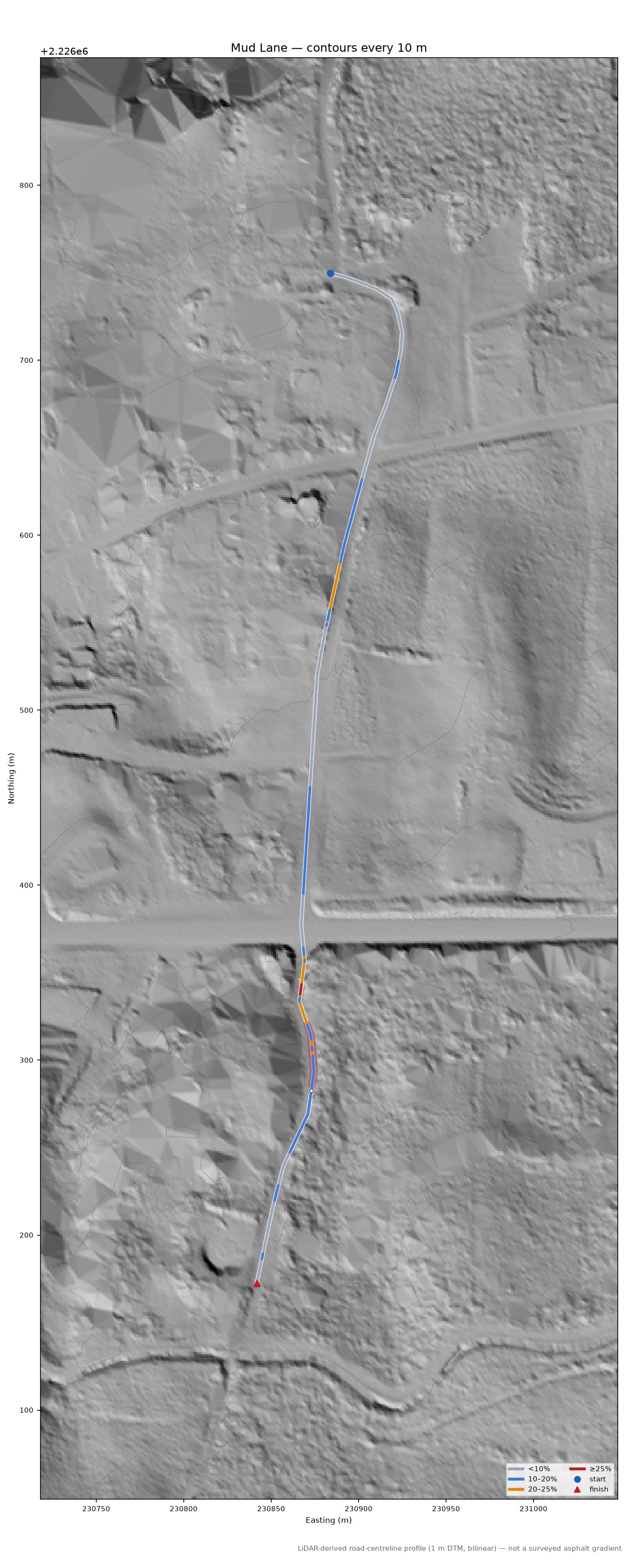 Mud Lane LiDAR hillshade map with contours