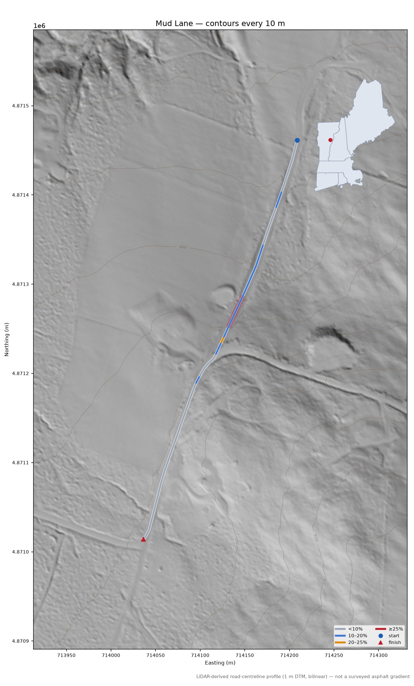 Mud Lane LiDAR hillshade map with contours