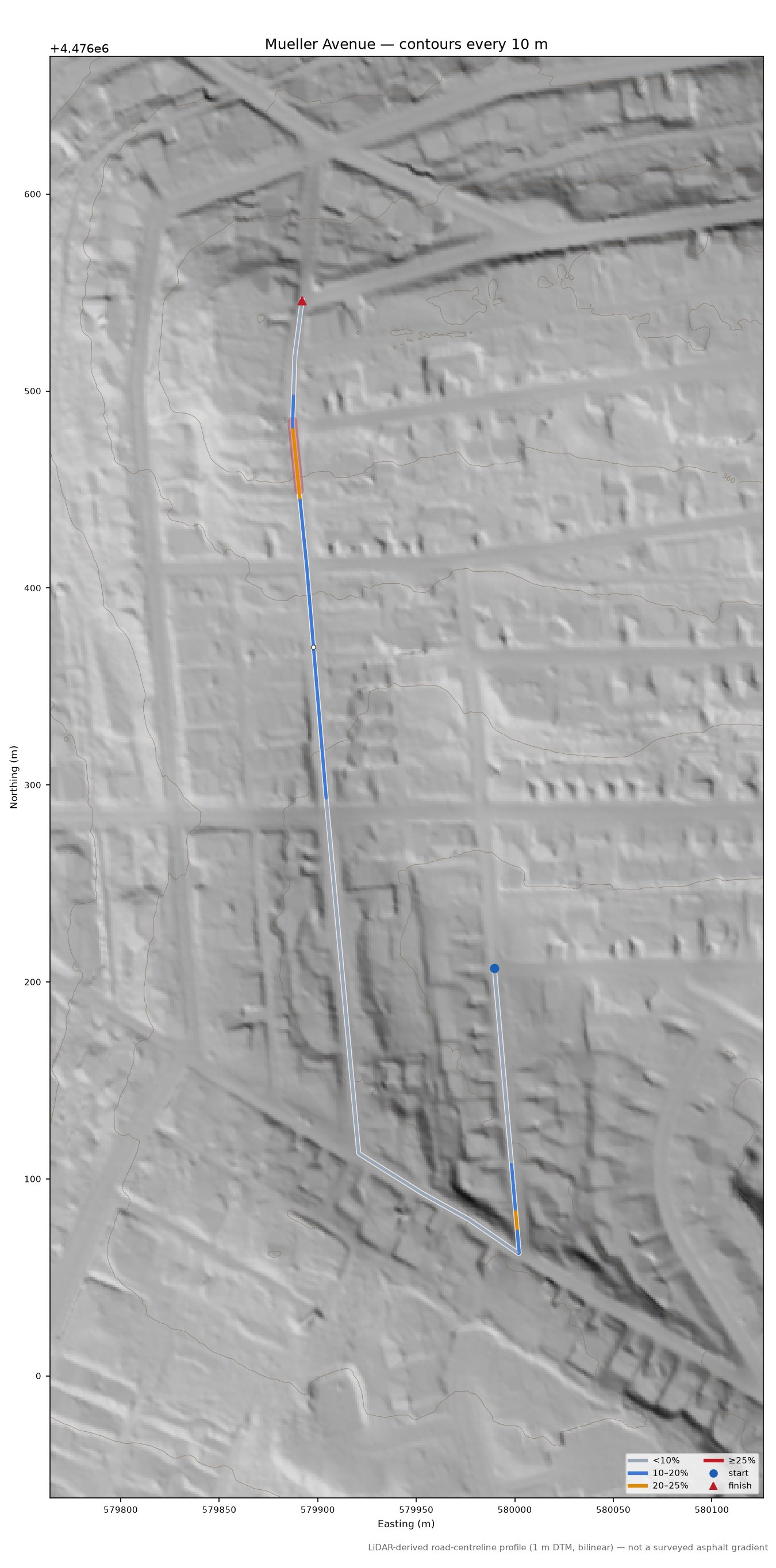 Mueller Avenue LiDAR hillshade map with contours