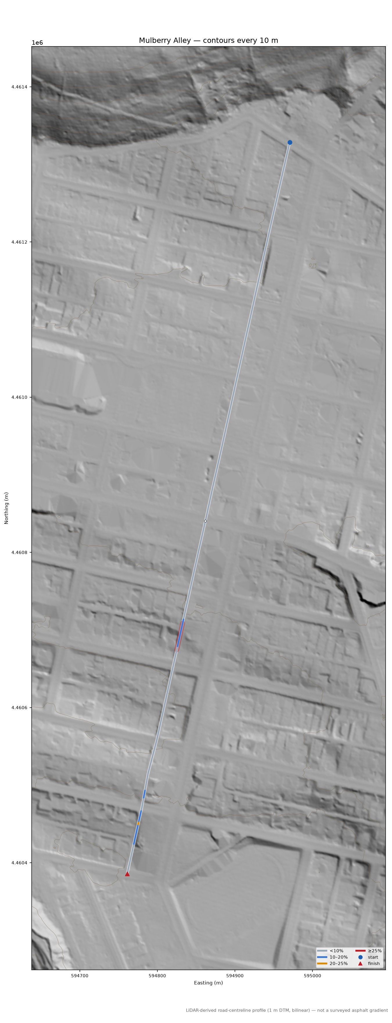 Mulberry Alley LiDAR hillshade map with contours