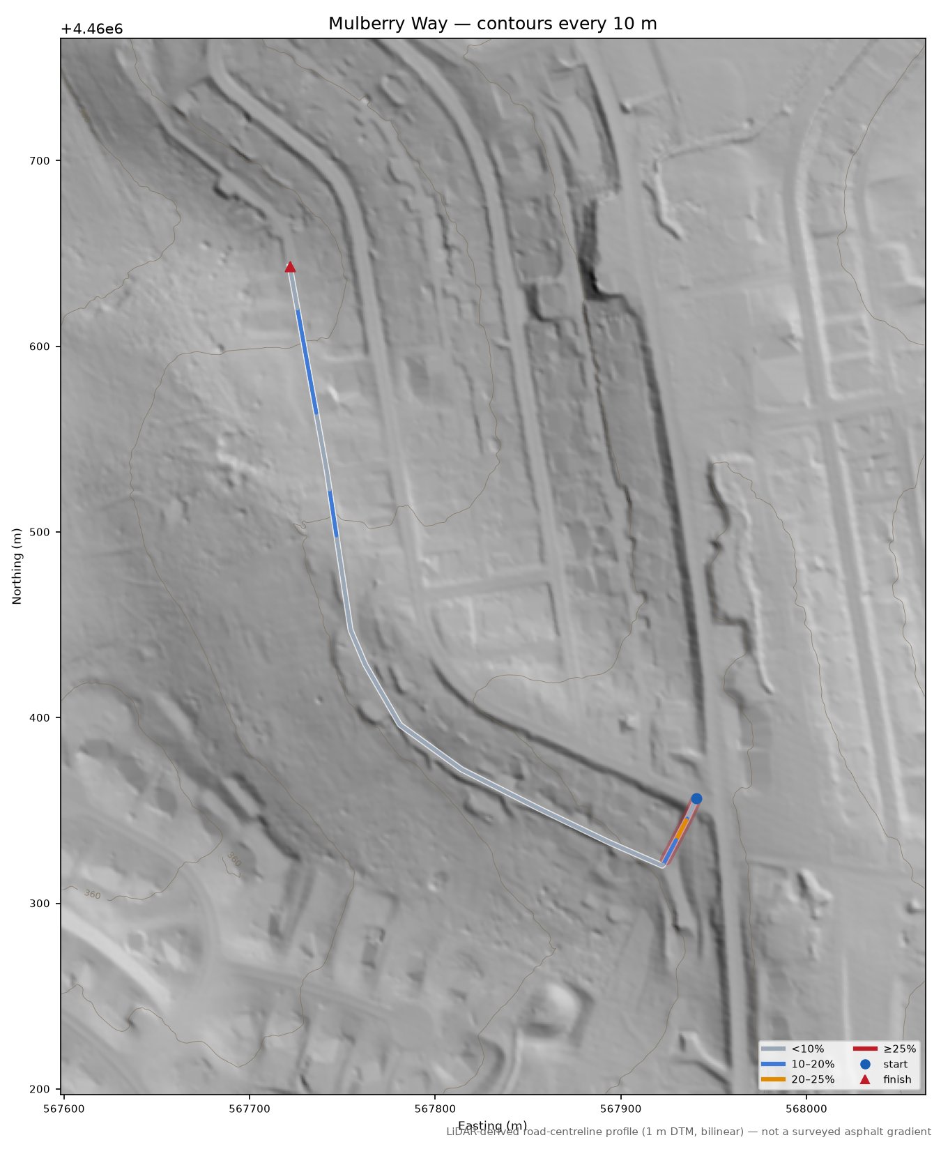 Mulberry Way LiDAR hillshade map with contours