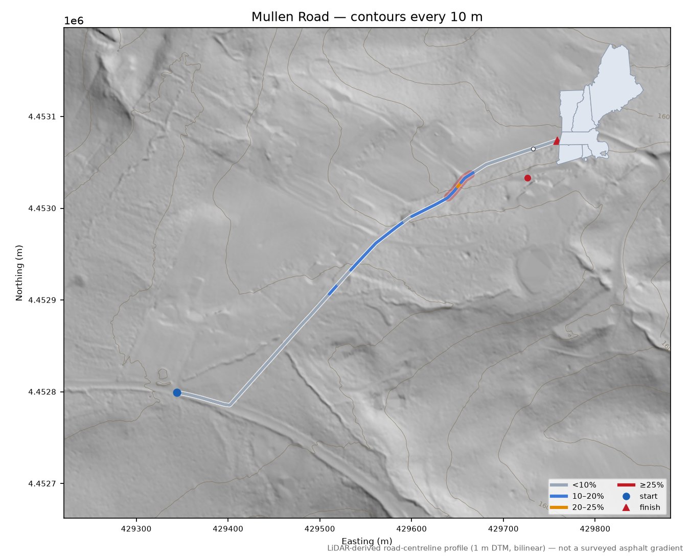 Mullen Road LiDAR hillshade map with contours