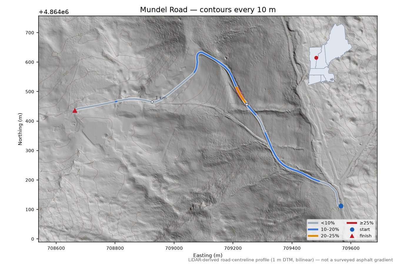 Mundel Road LiDAR hillshade map with contours