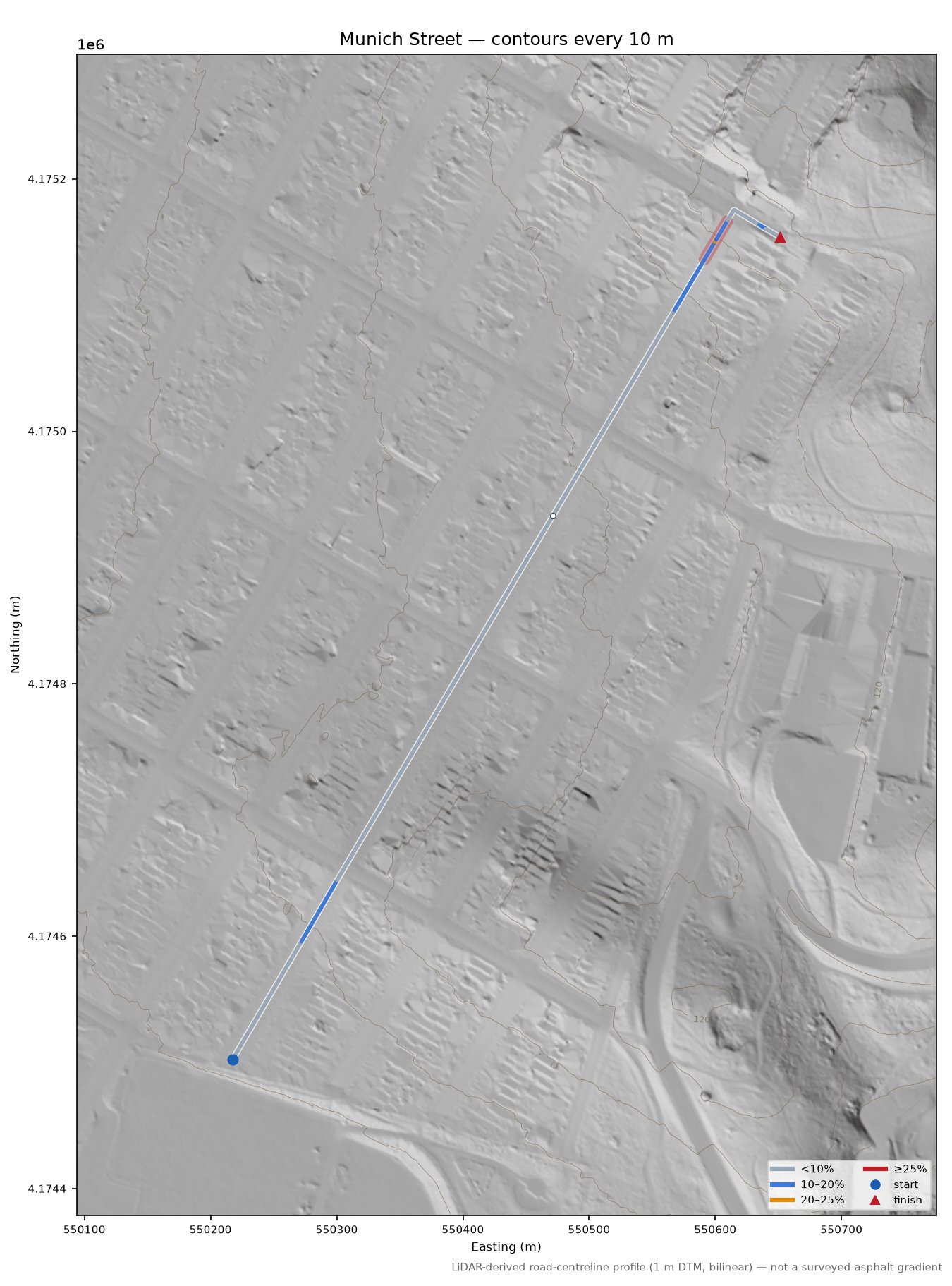 Munich Street LiDAR hillshade map with contours