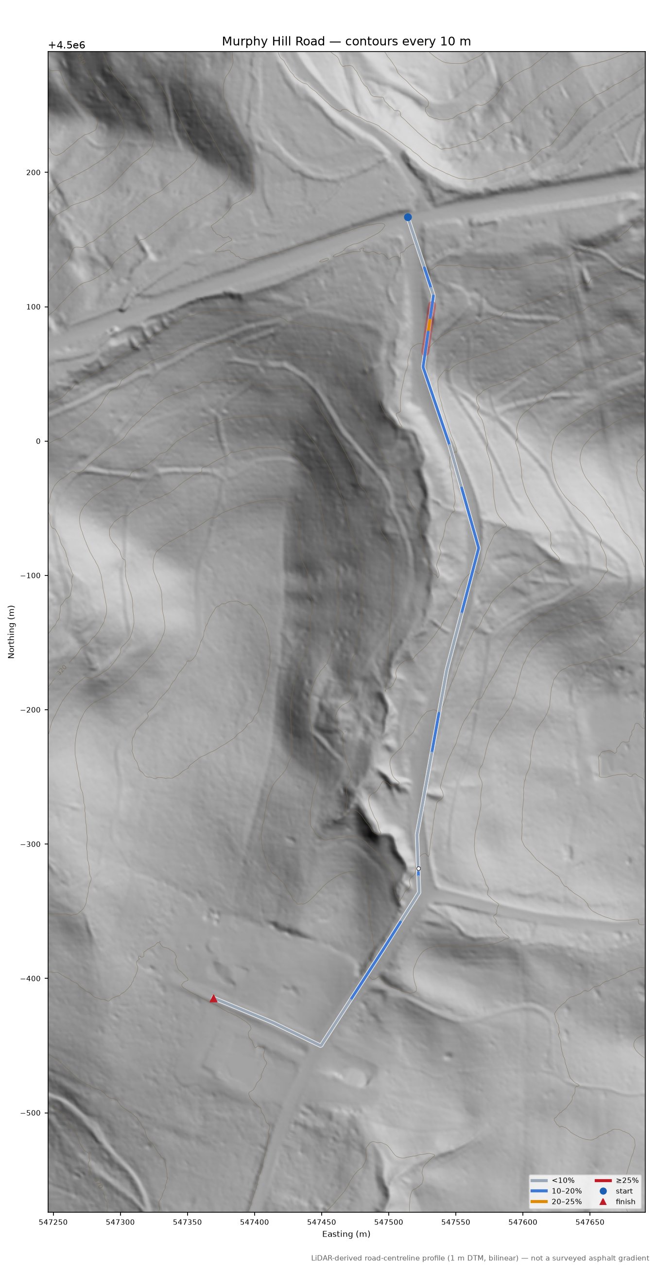 Murphy Hill Road LiDAR hillshade map with contours