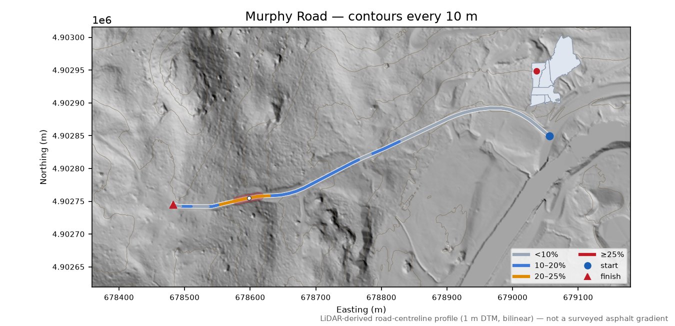Murphy Road LiDAR hillshade map with contours