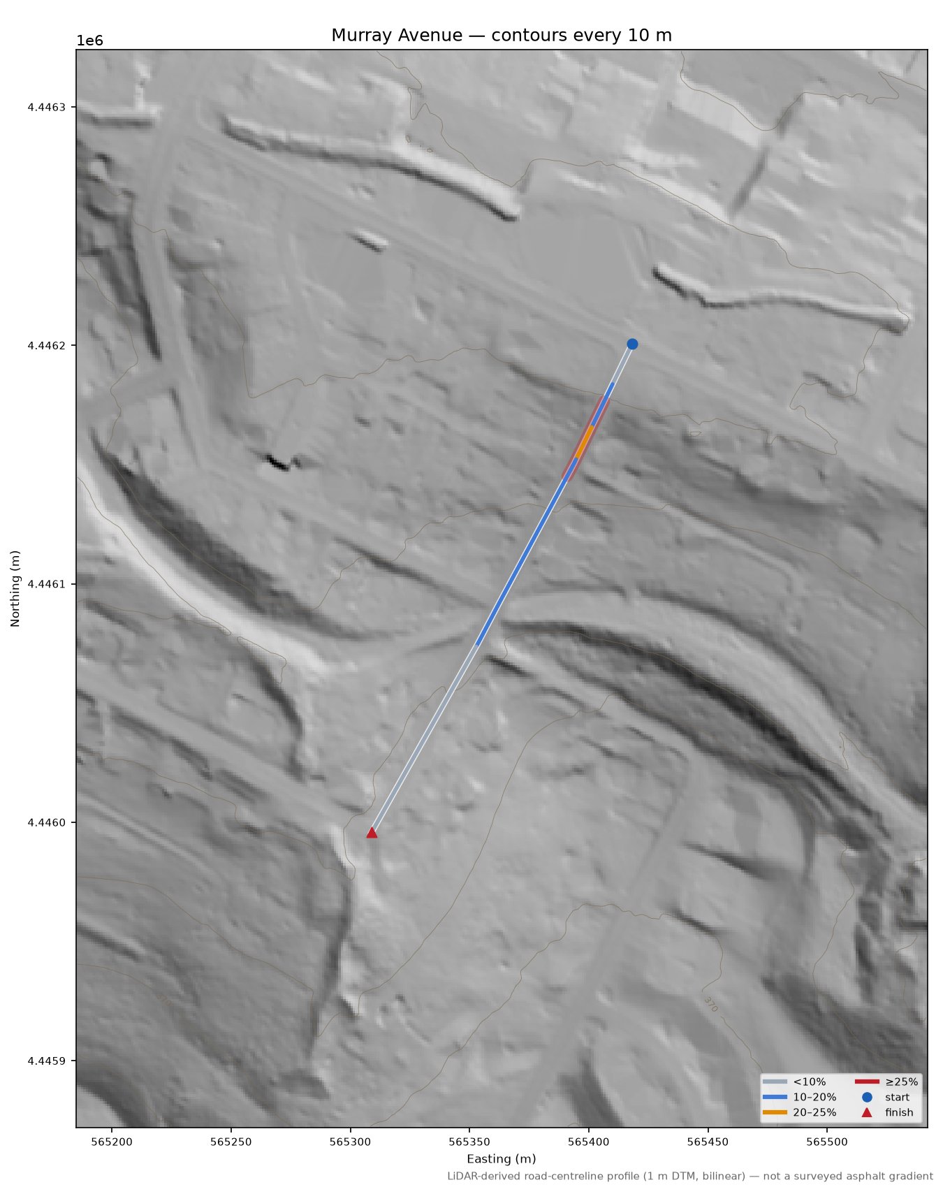Murray Avenue LiDAR hillshade map with contours