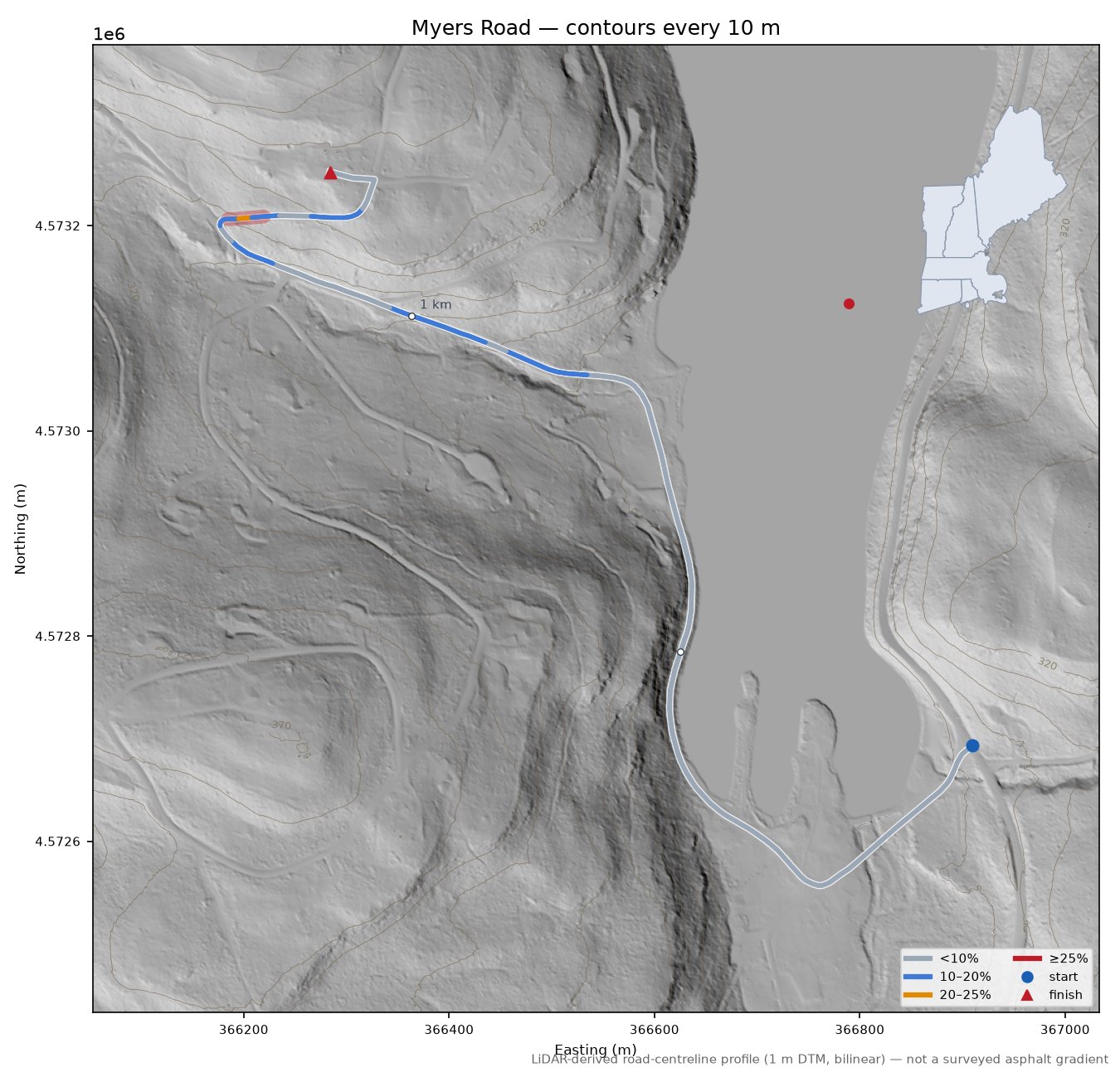 Myers Road LiDAR hillshade map with contours