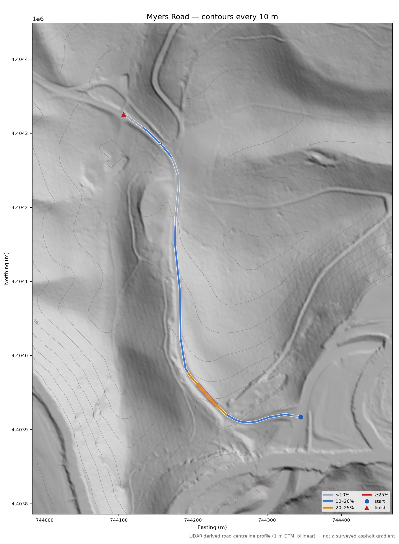 Myers Road LiDAR hillshade map with contours