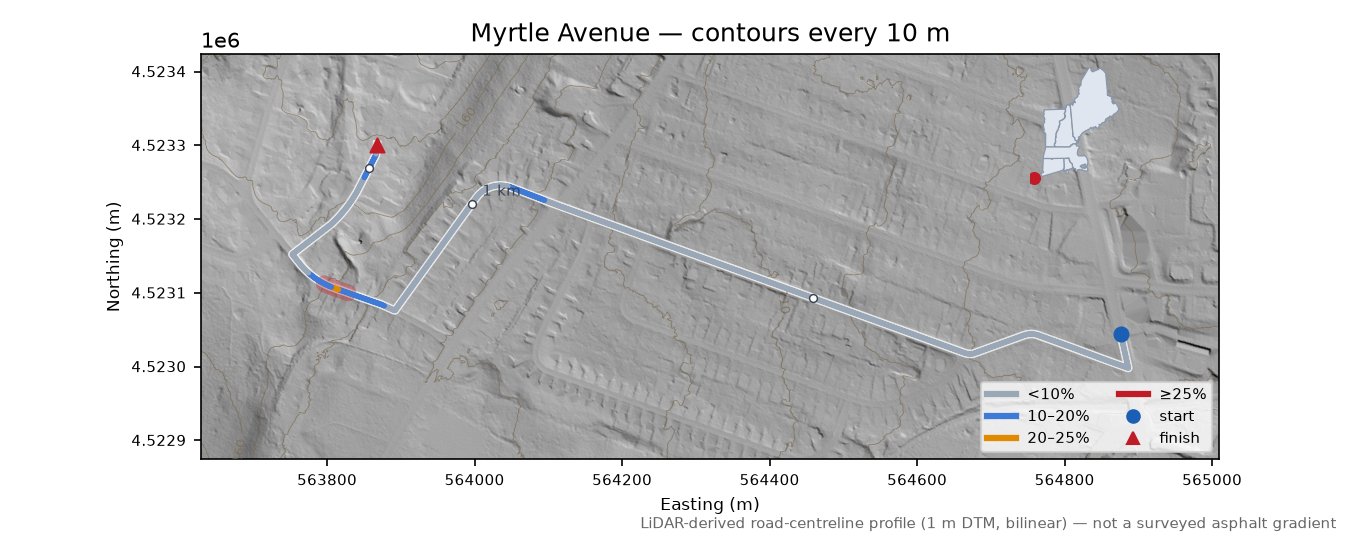 Myrtle Avenue LiDAR hillshade map with contours