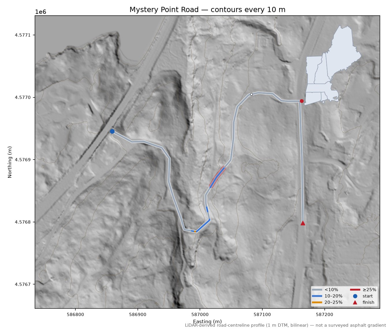 Mystery Point Road LiDAR hillshade map with contours