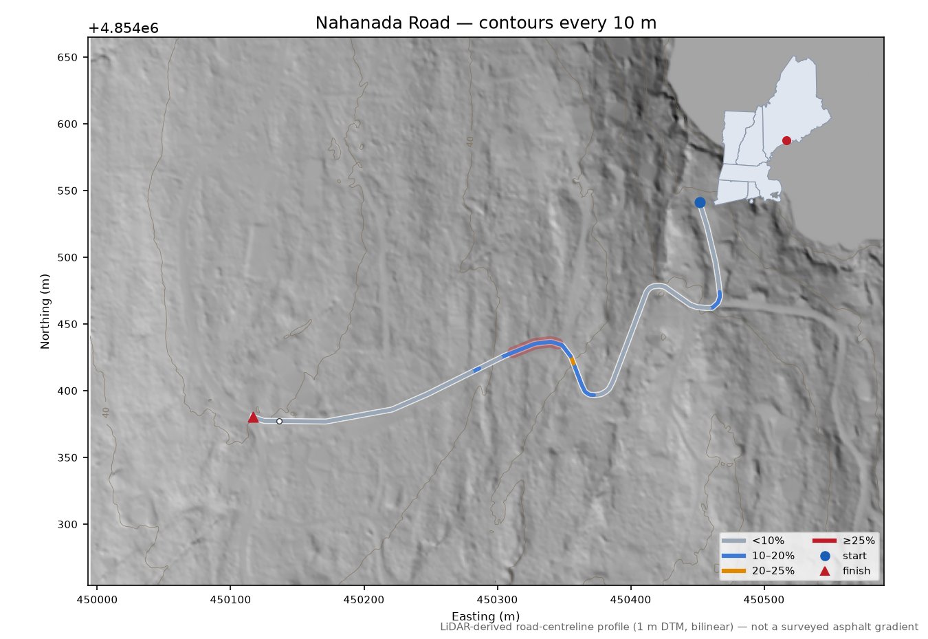 Nahanada Road LiDAR hillshade map with contours