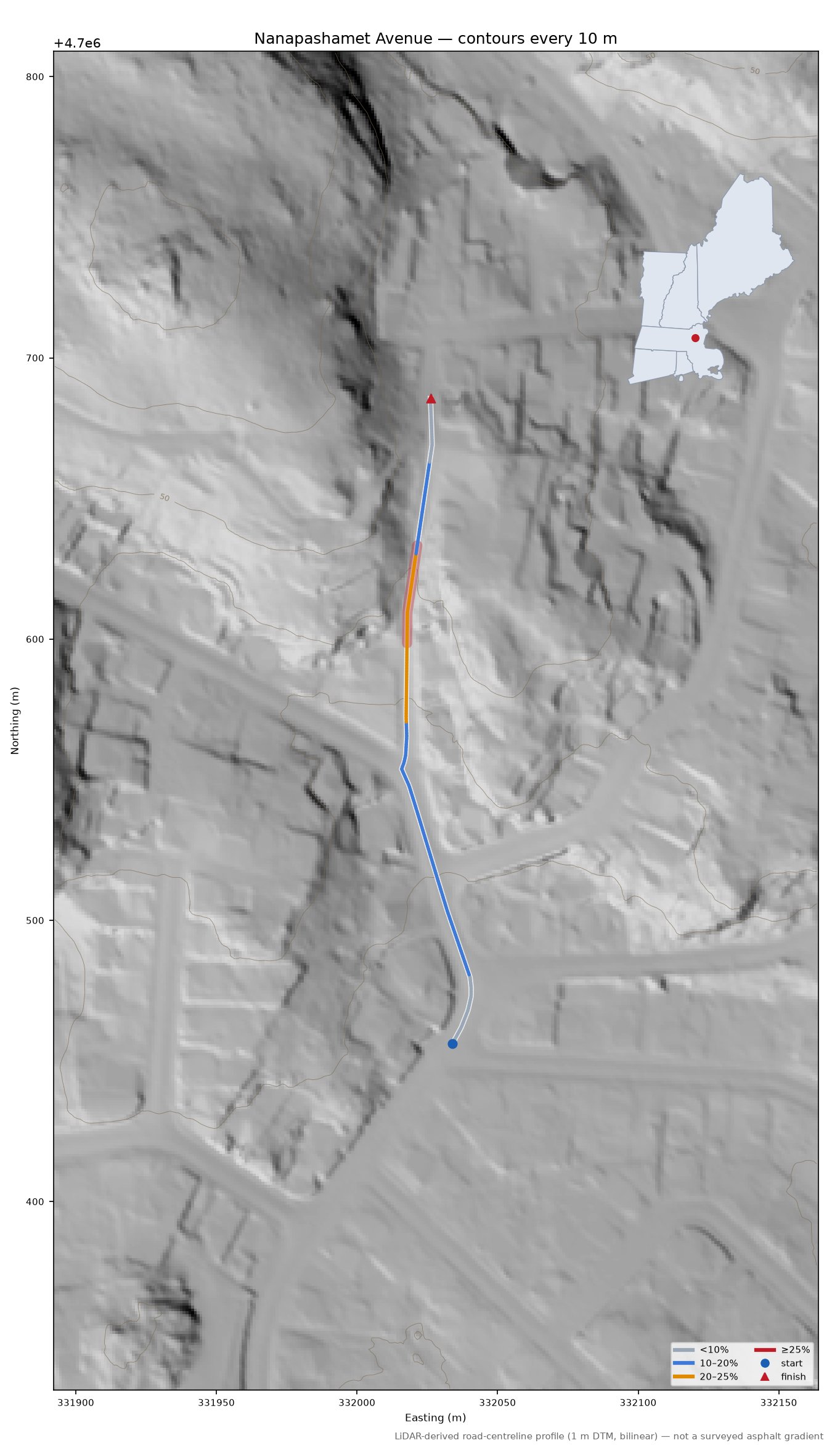 Nanapashamet Avenue LiDAR hillshade map with contours