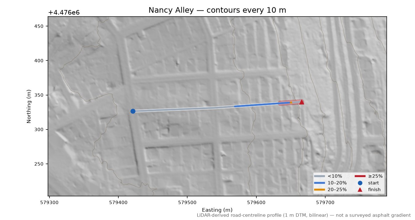 Nancy Alley LiDAR hillshade map with contours