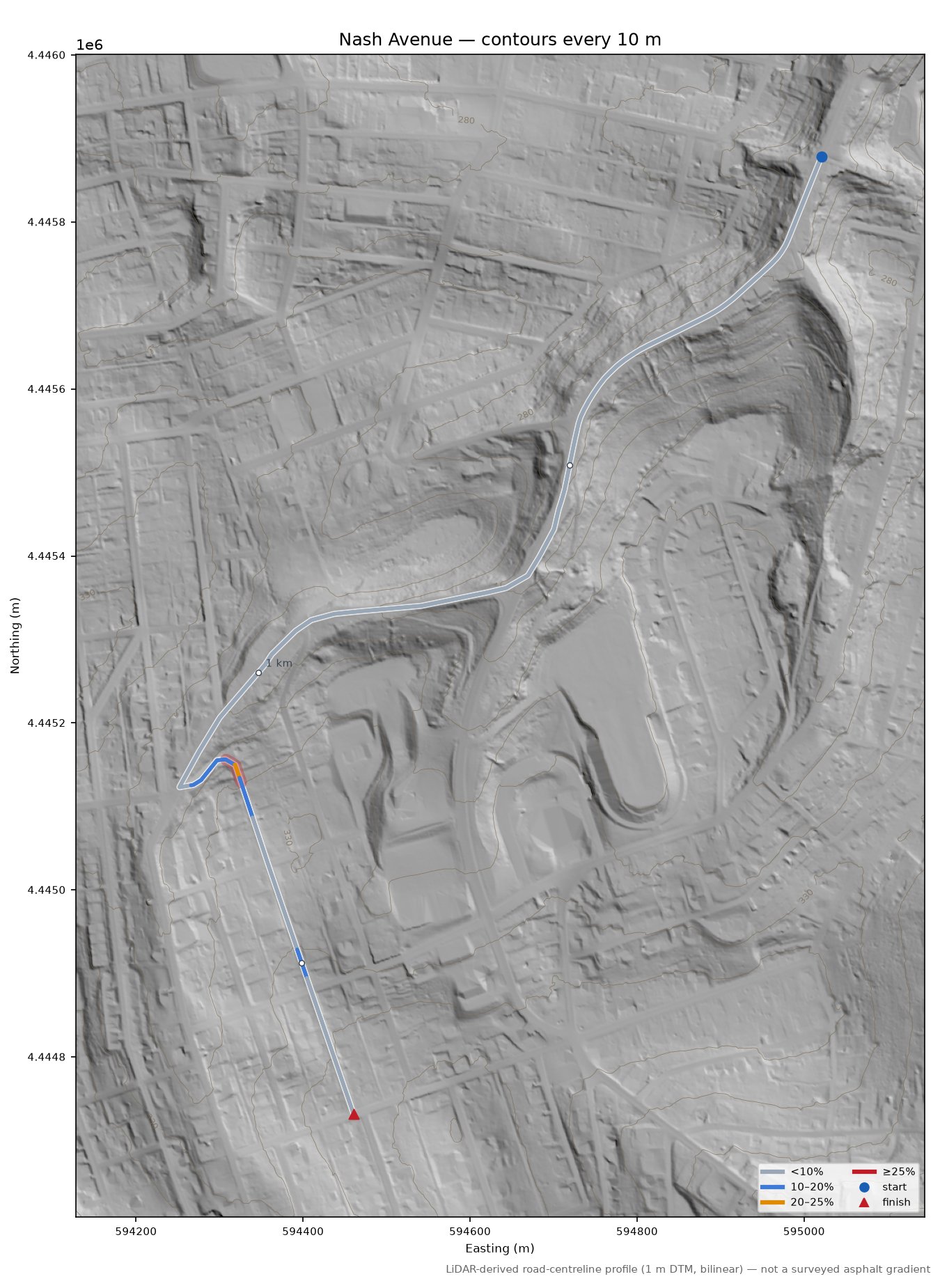 Nash Avenue LiDAR hillshade map with contours