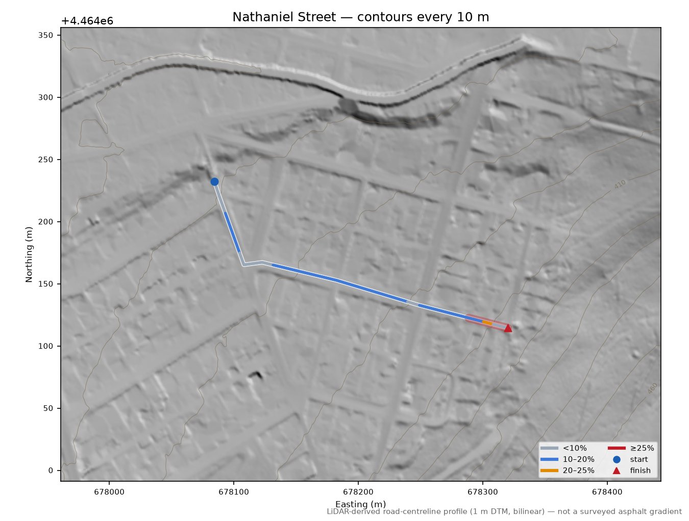Nathaniel Street LiDAR hillshade map with contours