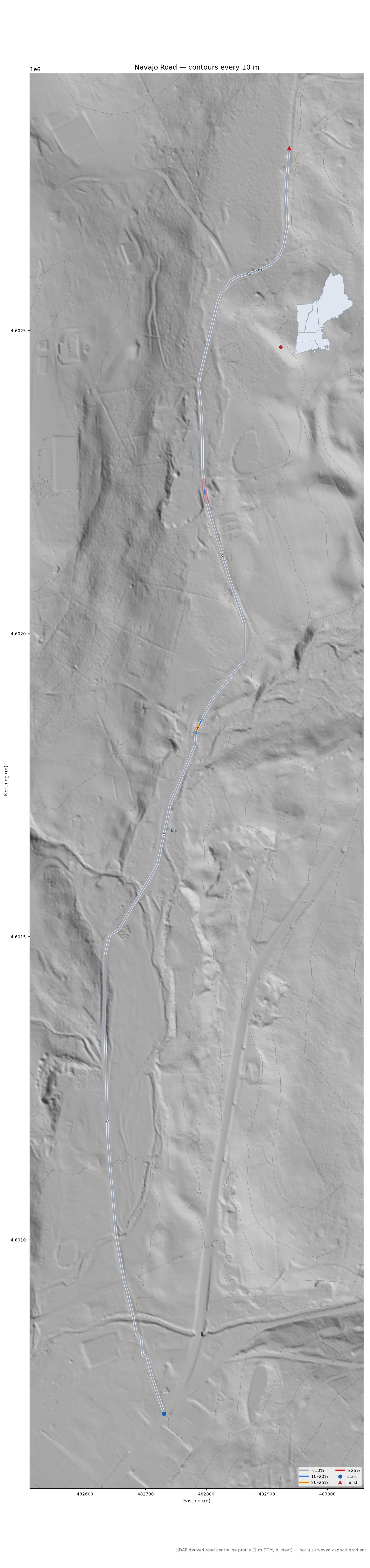 Navajo Road LiDAR hillshade map with contours