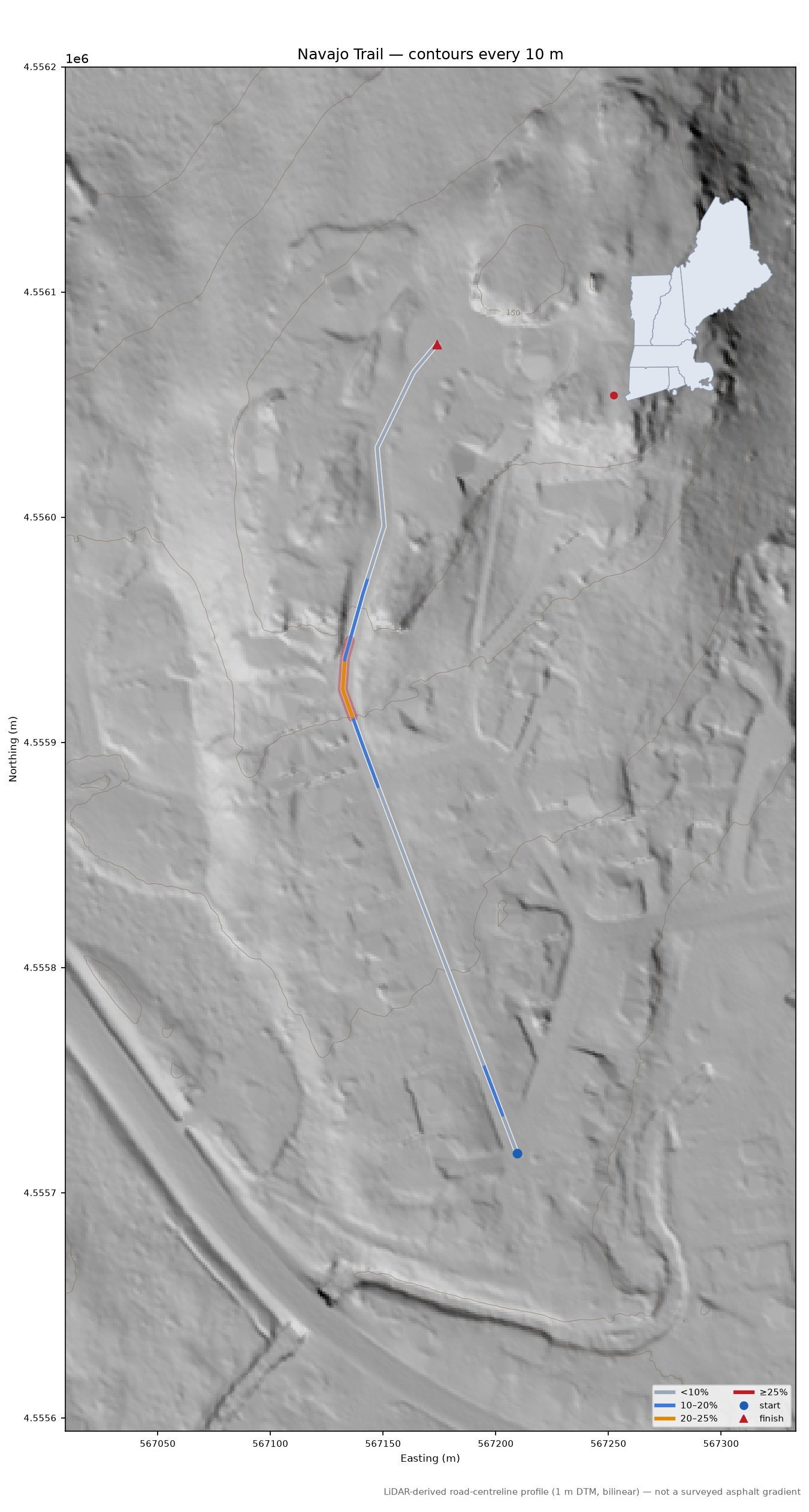 Navajo Trail LiDAR hillshade map with contours