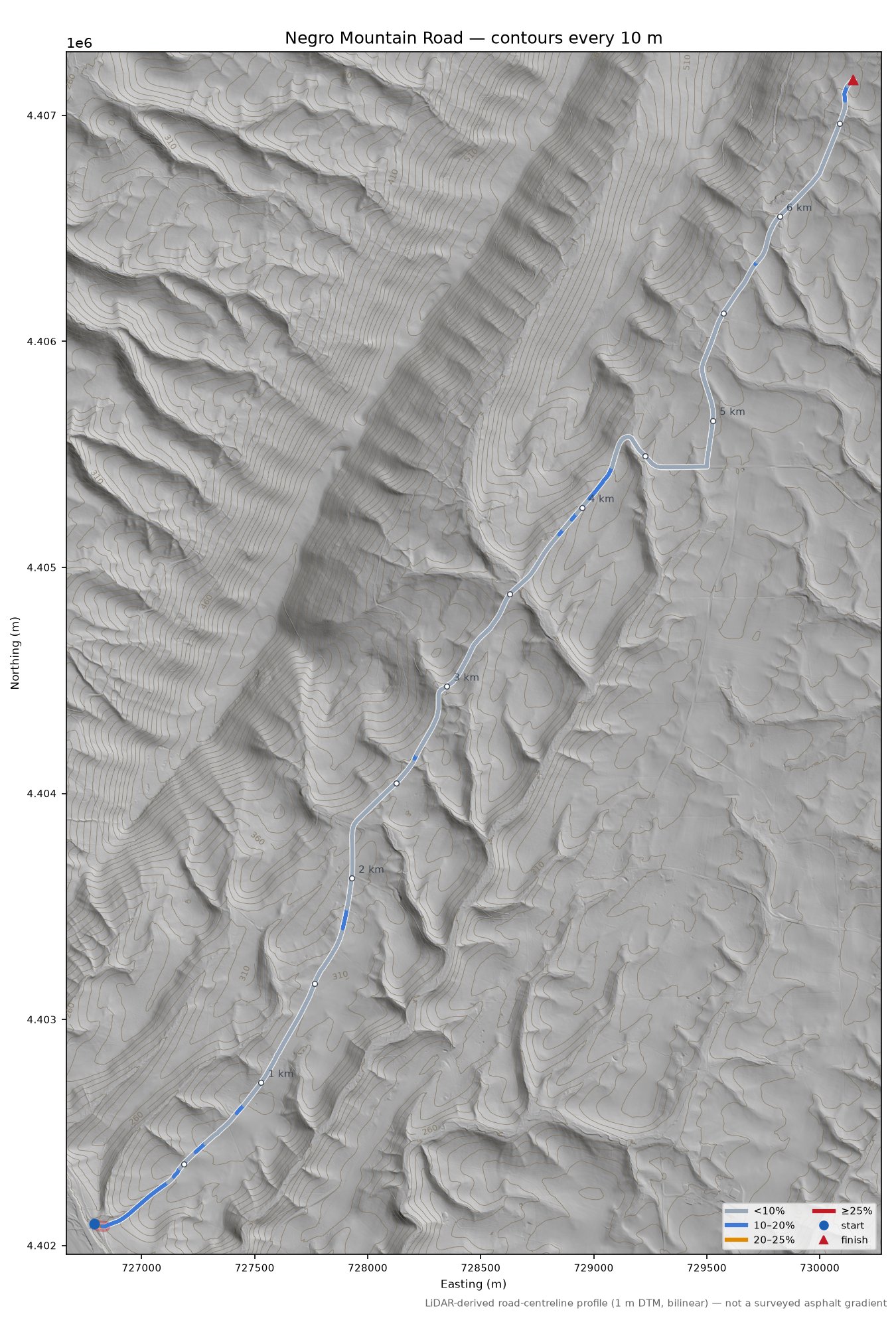 Negro Mountain Road LiDAR hillshade map with contours