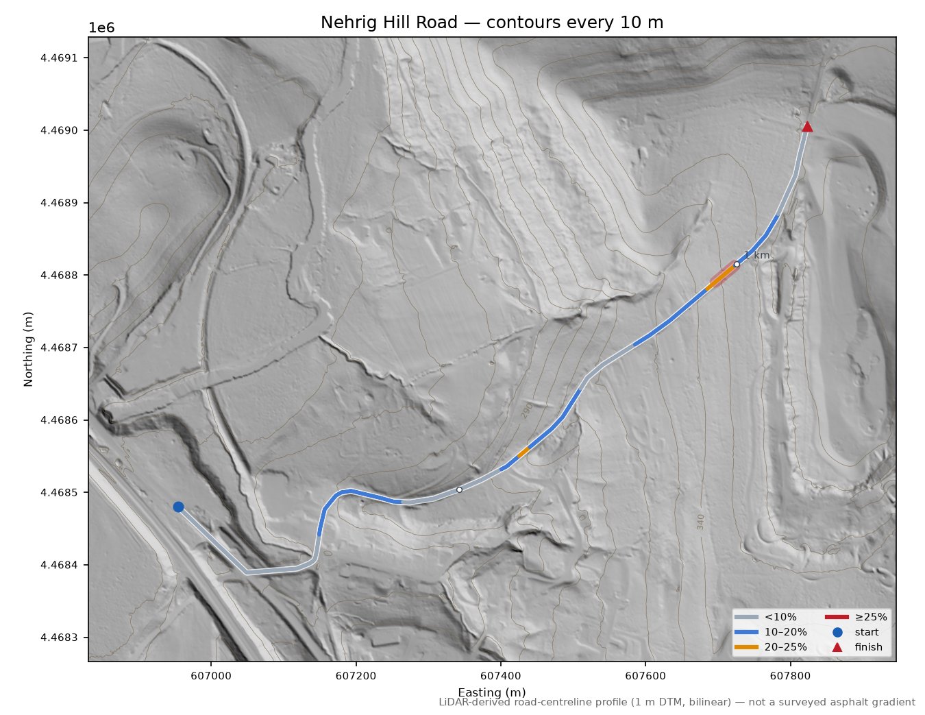 Nehrig Hill Road LiDAR hillshade map with contours