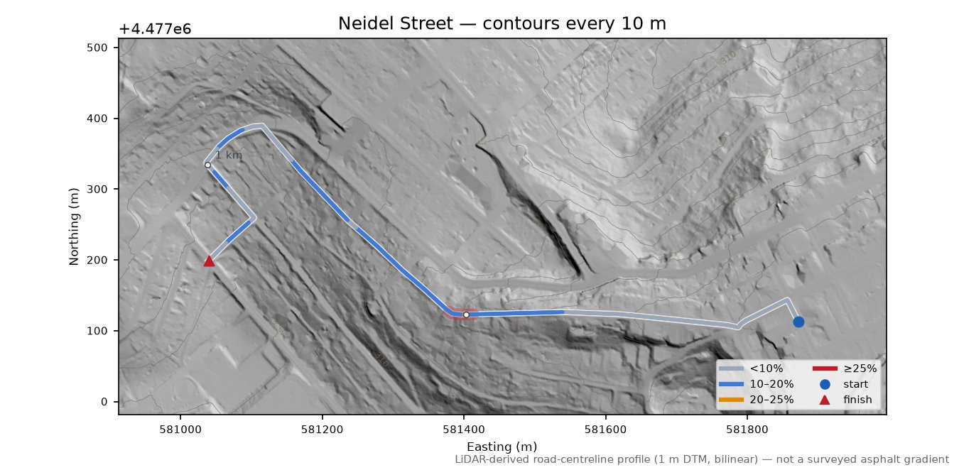 Neidel Street LiDAR hillshade map with contours