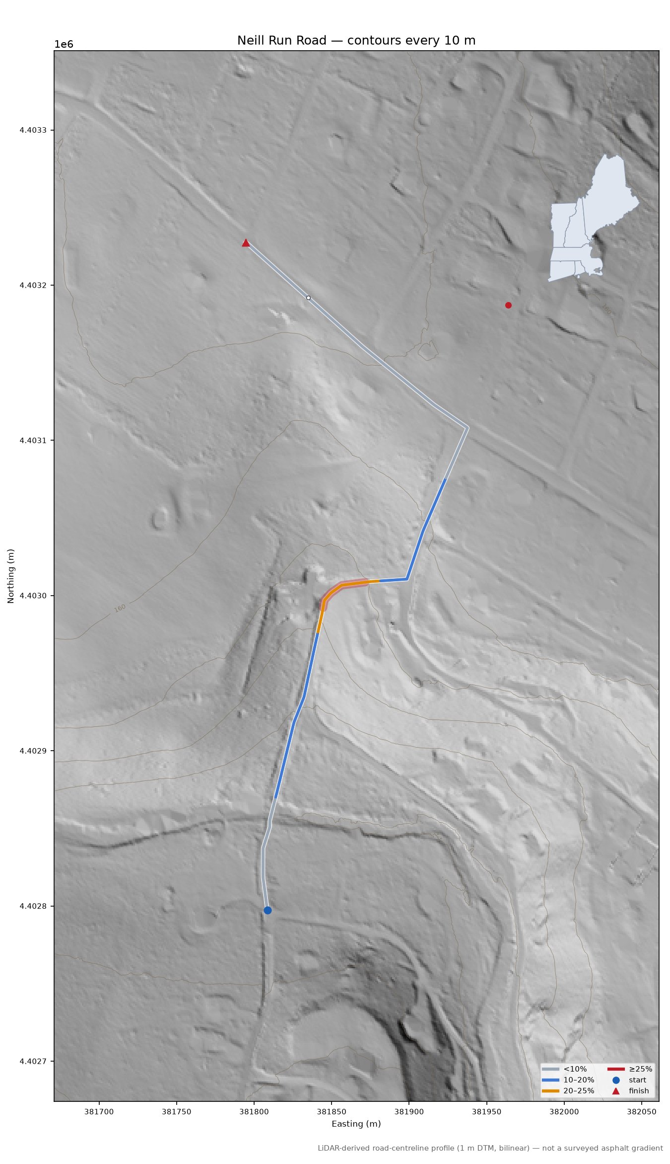 Neill Run Road LiDAR hillshade map with contours