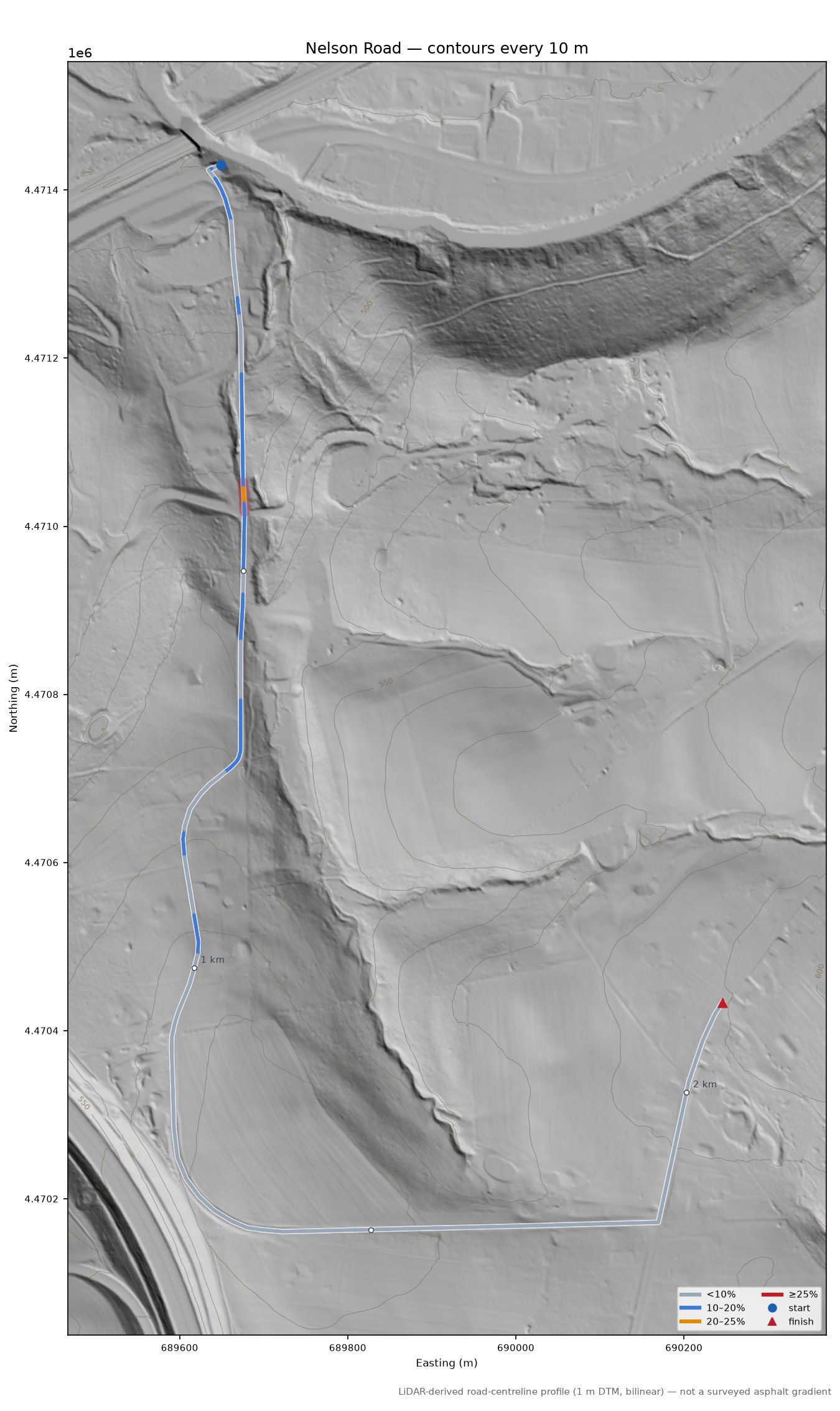 Nelson Road LiDAR hillshade map with contours