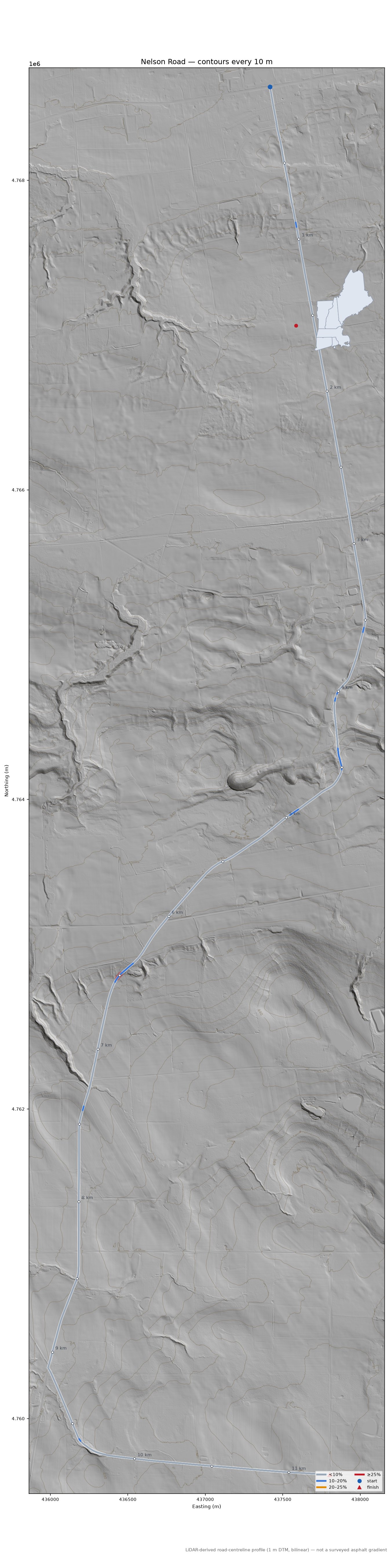 Nelson Road LiDAR hillshade map with contours