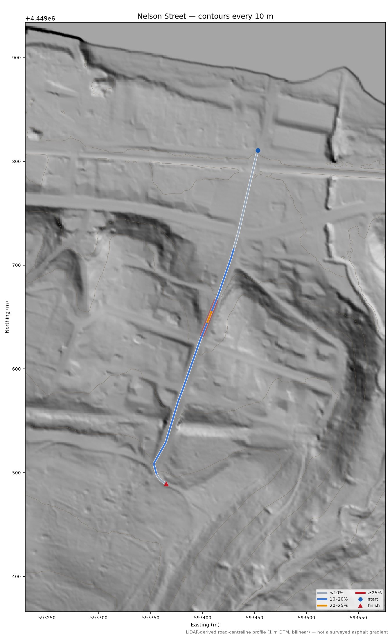 Nelson Street LiDAR hillshade map with contours