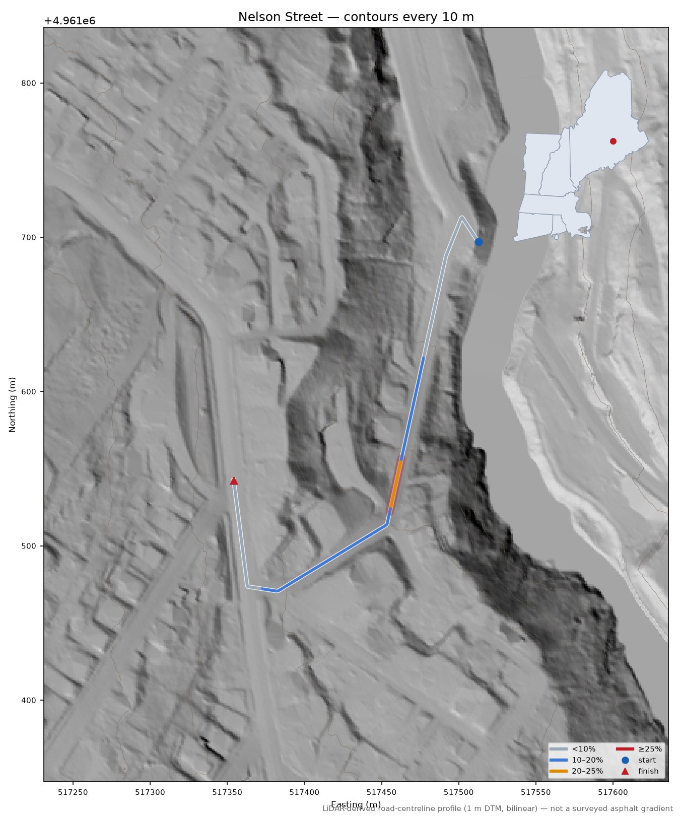 Nelson Street LiDAR hillshade map with contours