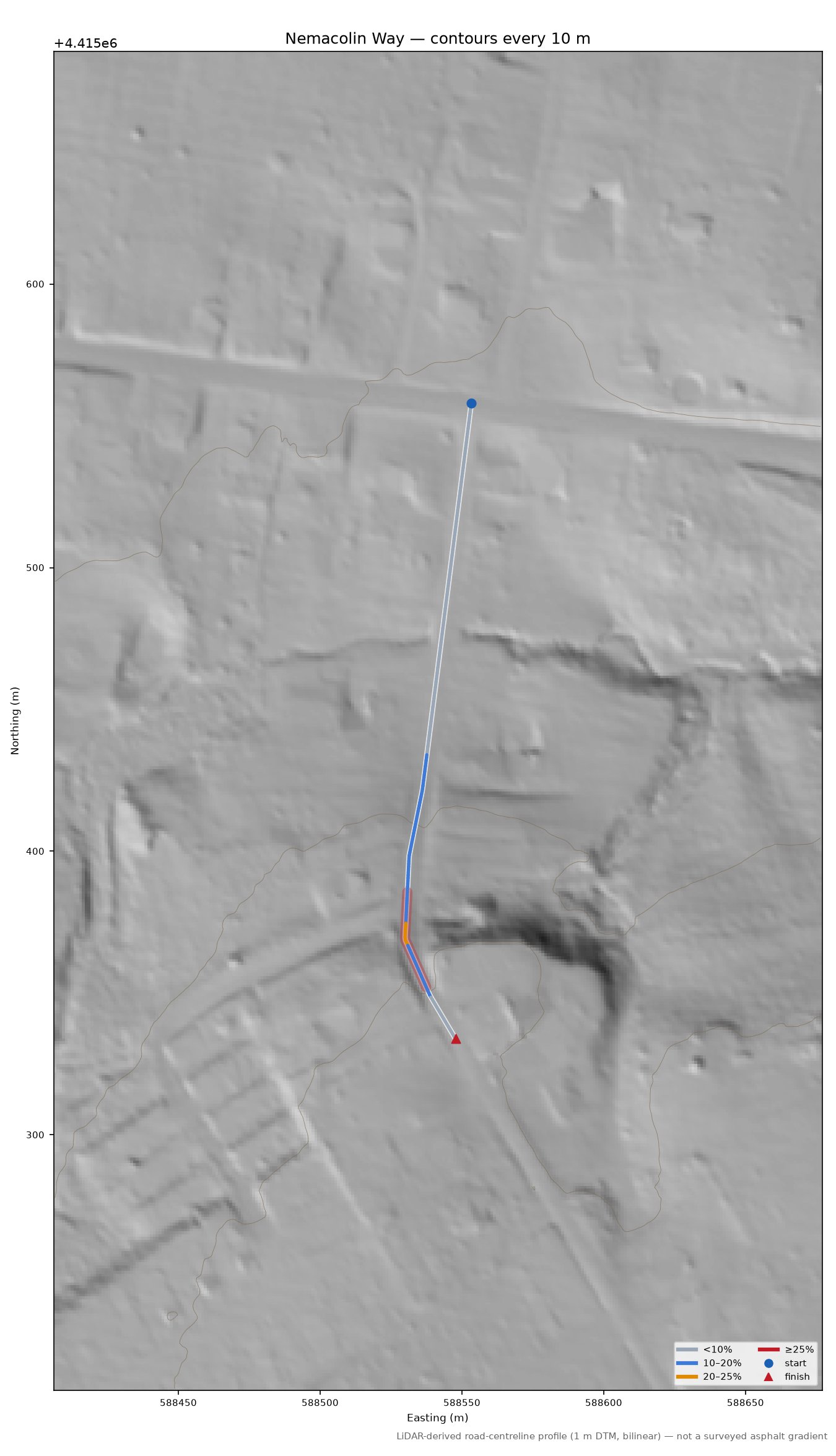 Nemacolin Way LiDAR hillshade map with contours
