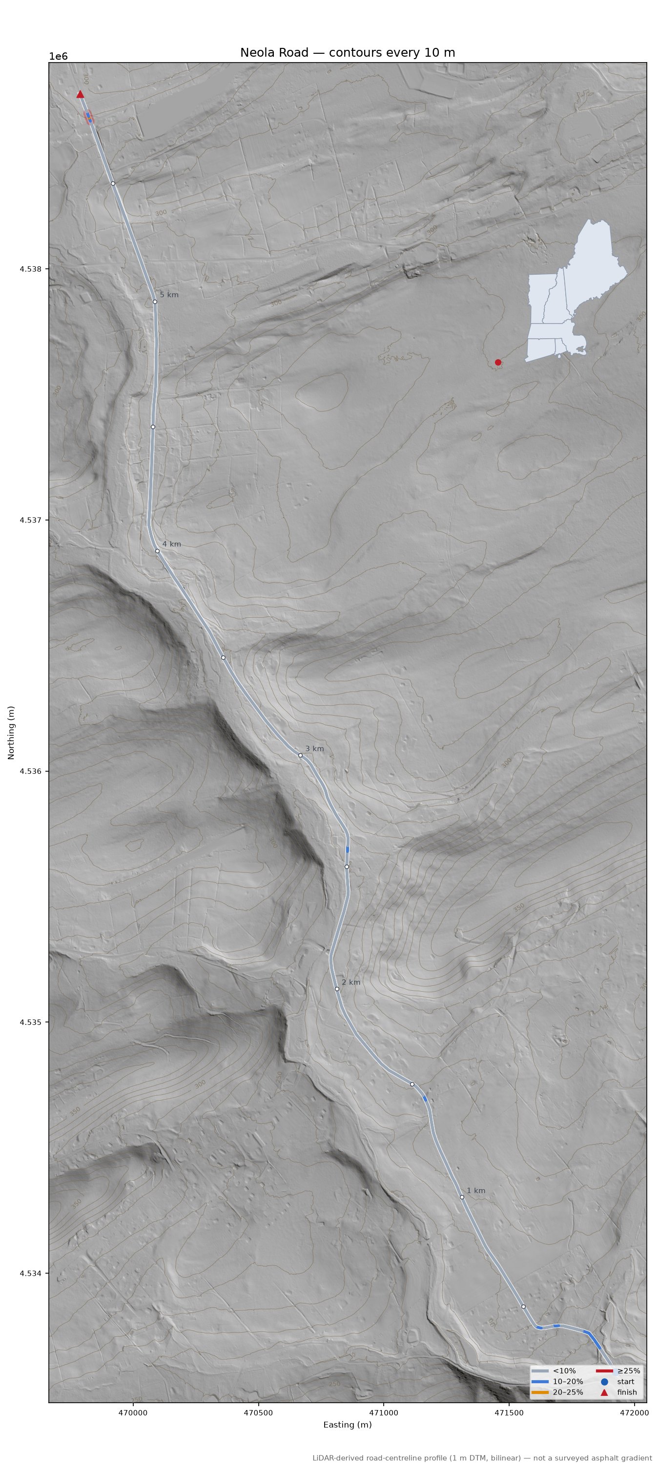 Neola Road LiDAR hillshade map with contours