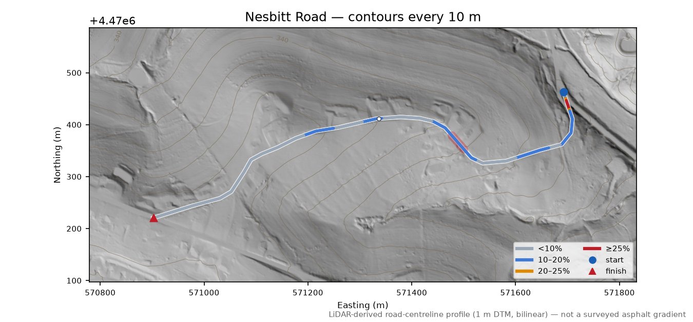 Nesbitt Road LiDAR hillshade map with contours