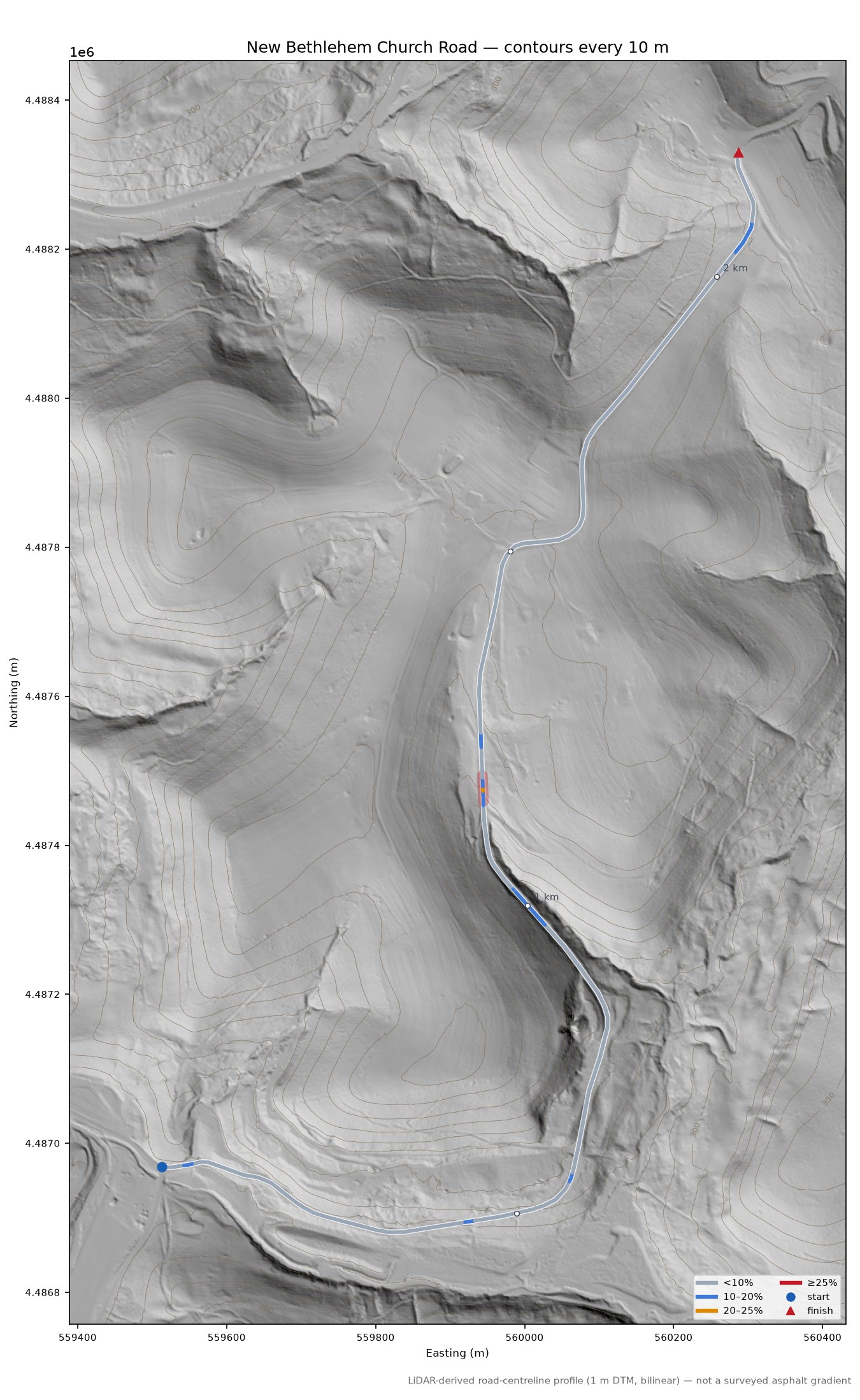 New Bethlehem Church Road LiDAR hillshade map with contours