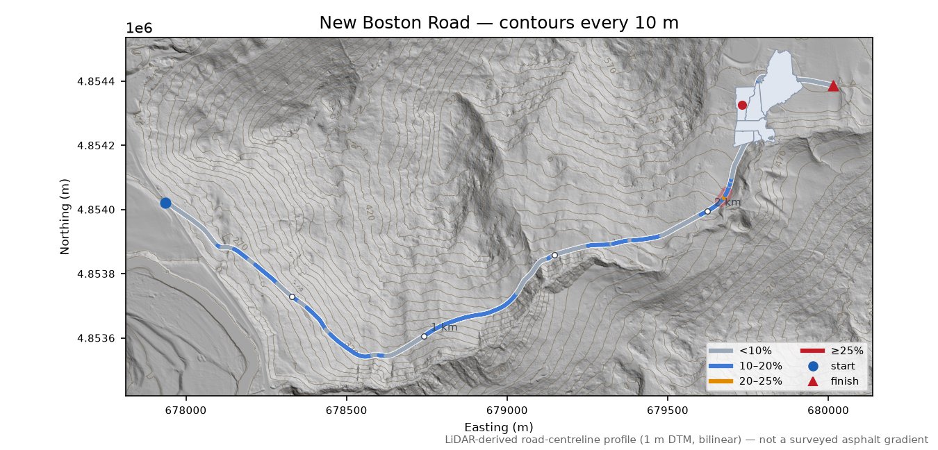 New Boston Road LiDAR hillshade map with contours