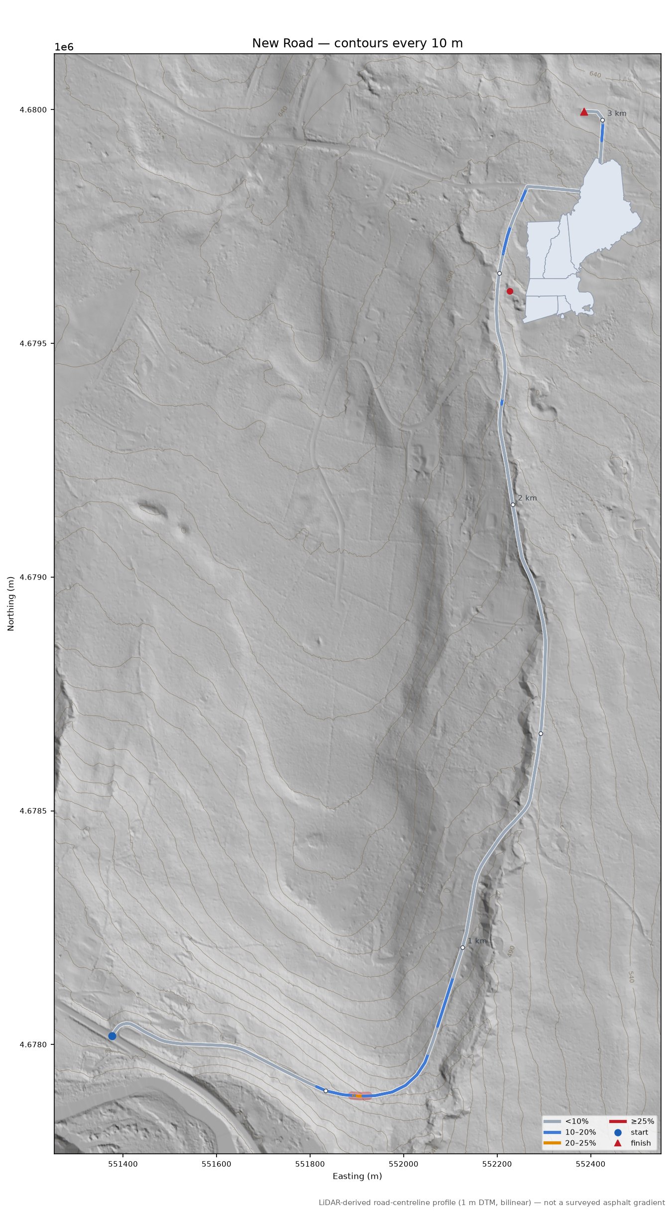 New Road LiDAR hillshade map with contours
