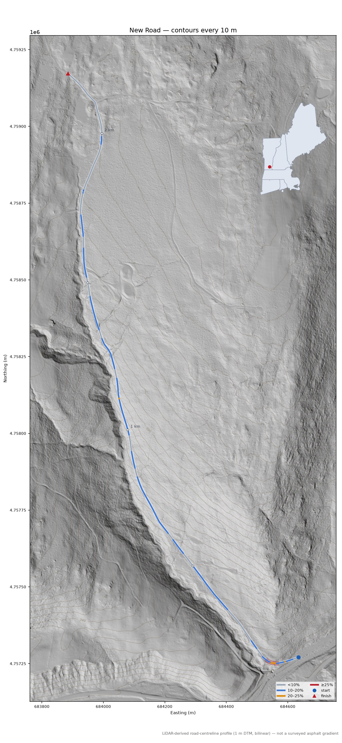 New Road LiDAR hillshade map with contours