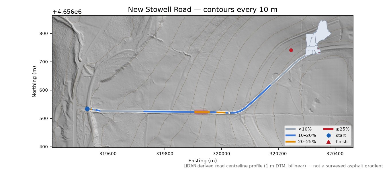 New Stowell Road LiDAR hillshade map with contours