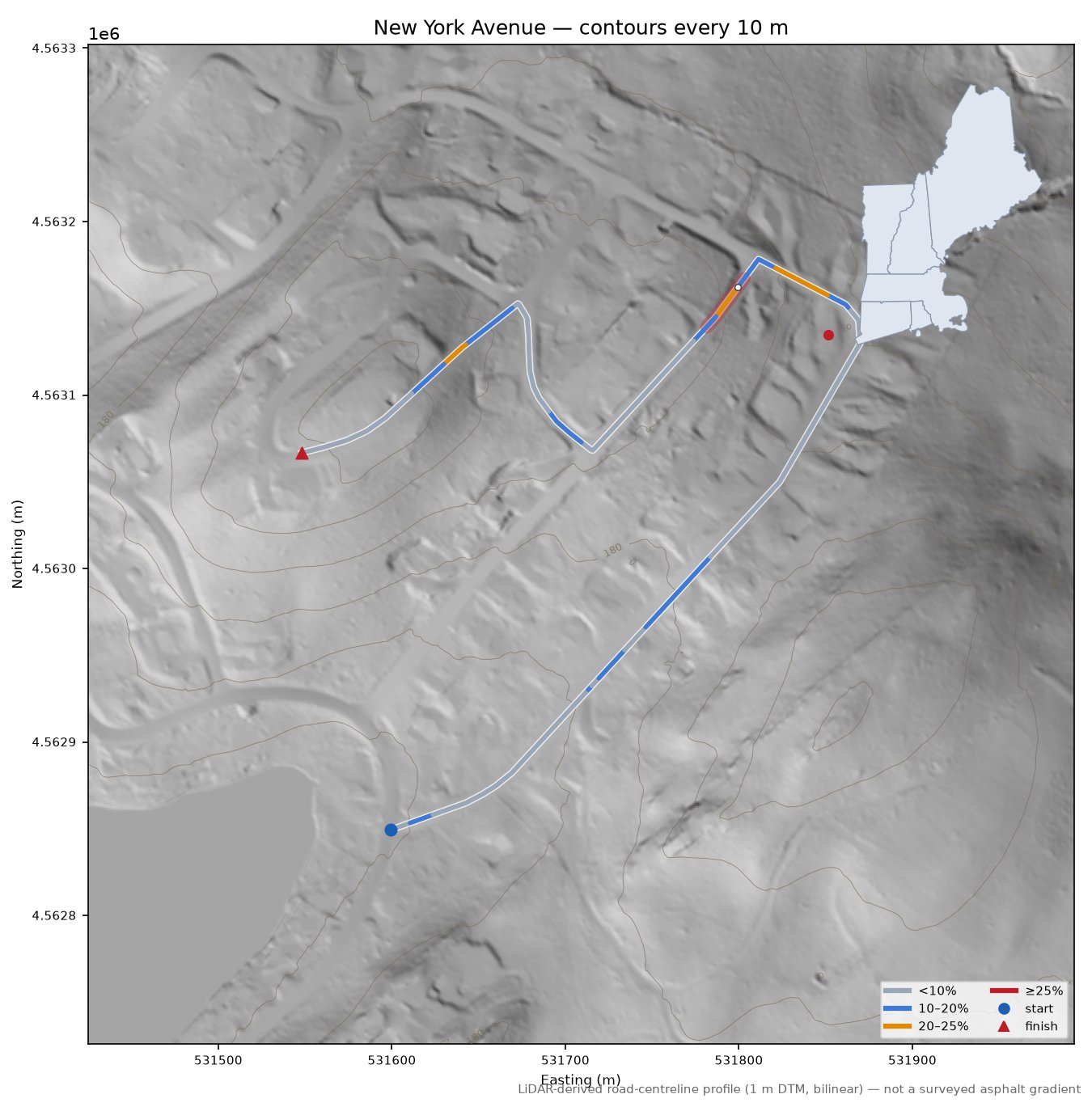 New York Avenue LiDAR hillshade map with contours