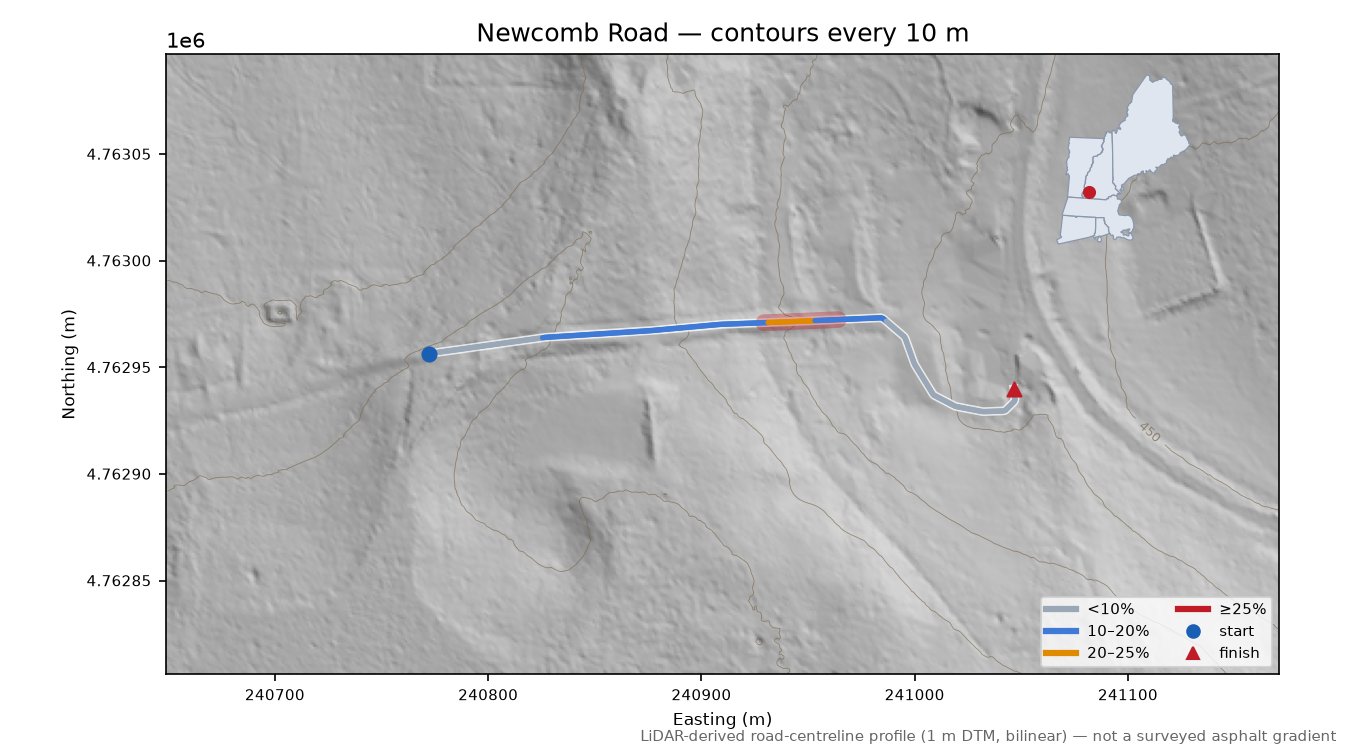 Newcomb Road LiDAR hillshade map with contours
