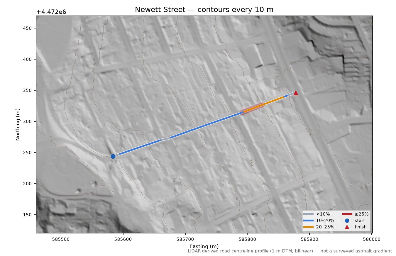 Newett Street LiDAR hillshade map with contours