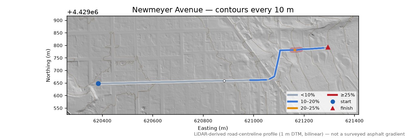 Newmeyer Avenue LiDAR hillshade map with contours