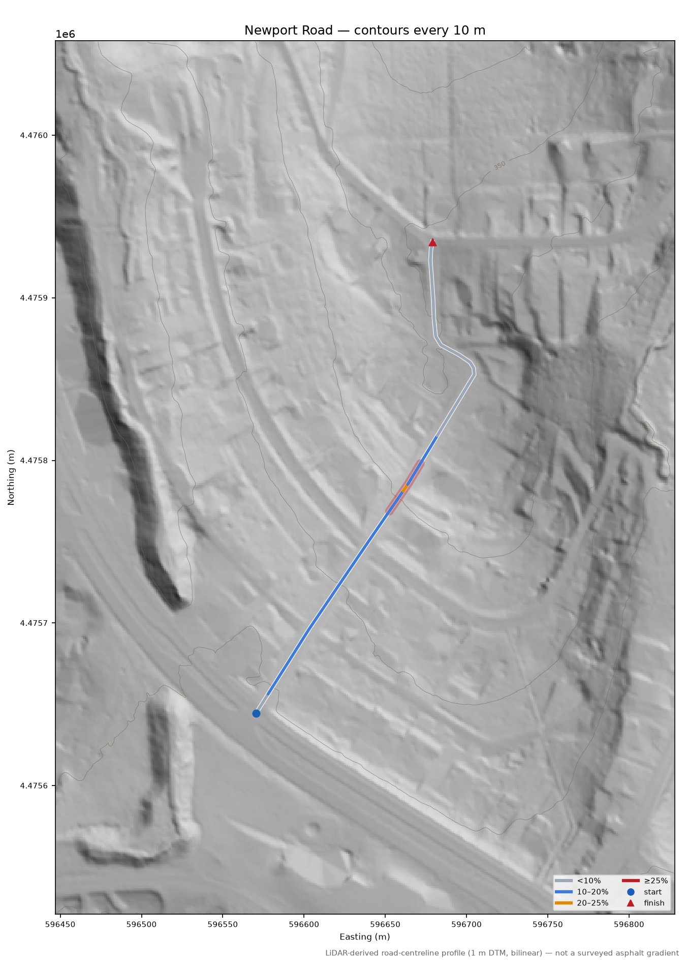 Newport Road LiDAR hillshade map with contours