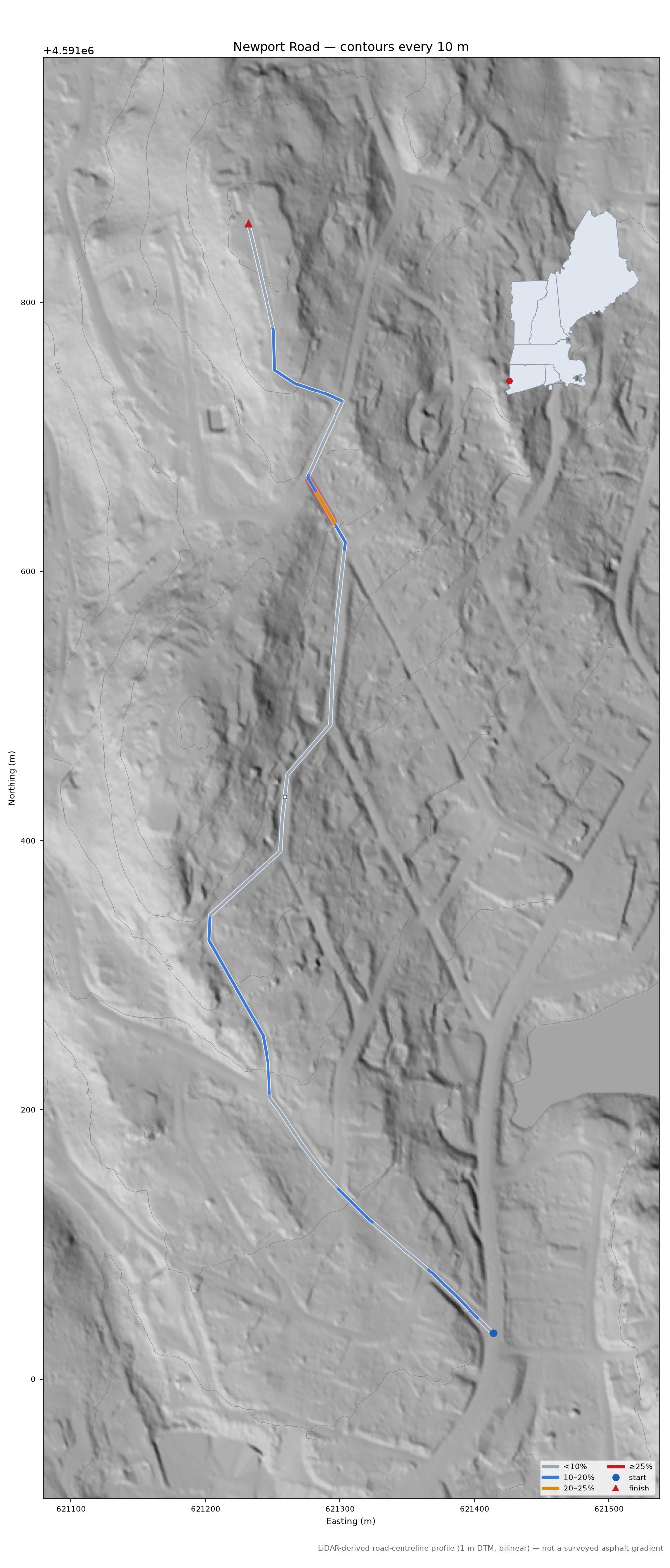 Newport Road LiDAR hillshade map with contours